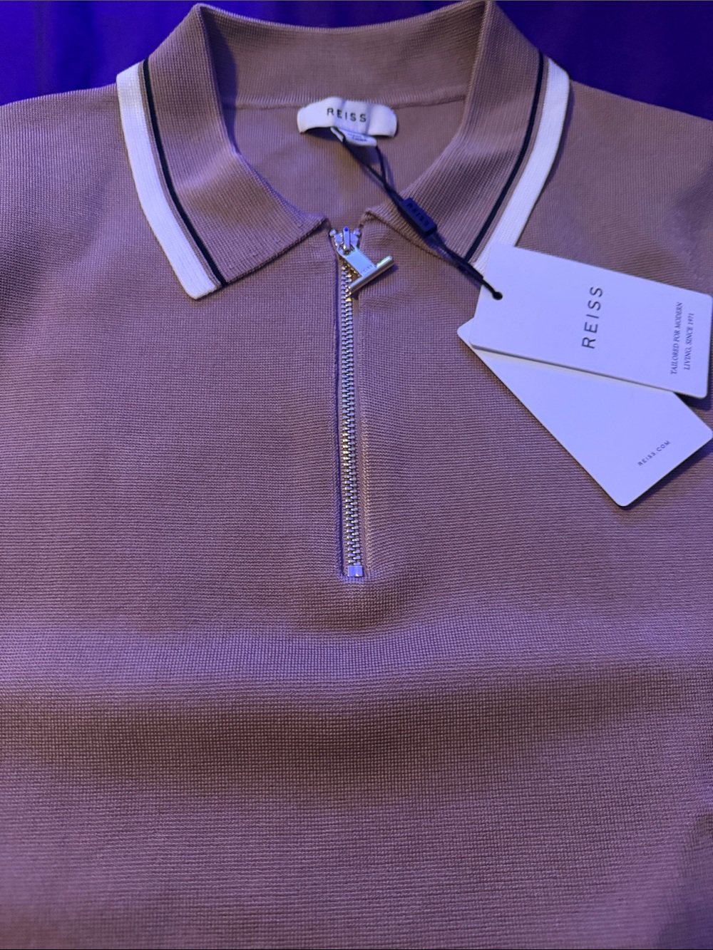 Reiss Taupe Zip Polo with White & Black Collar Trim